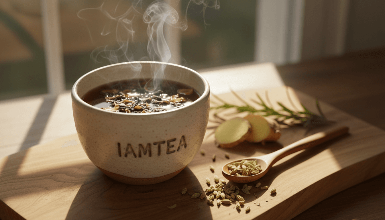 Steaming cup of IAMTEA with fresh ingredients arranged nearby