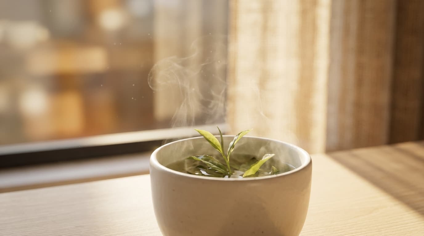 Steaming cup of IAMTEA herbal tea with fresh ingredients