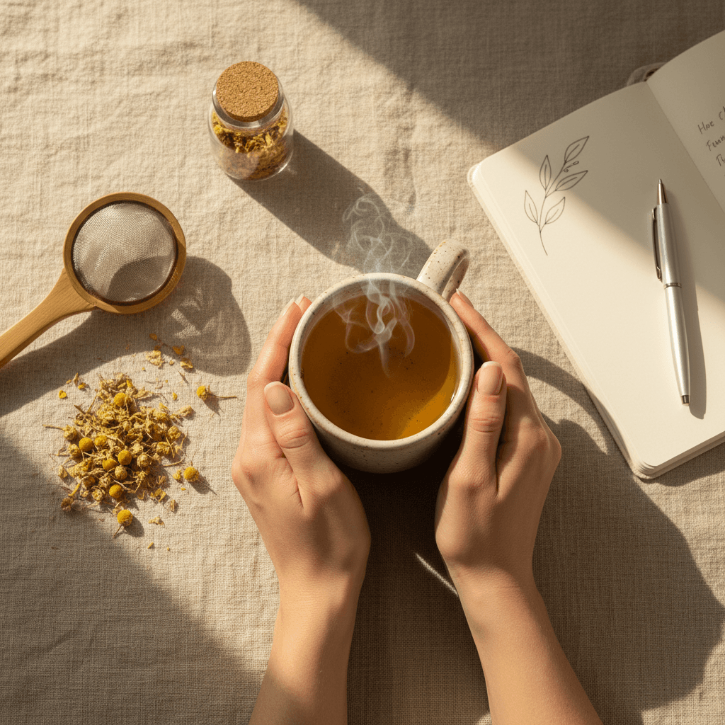 Hands holding warm IAMTEA mug with fresh herbs and honey nearby