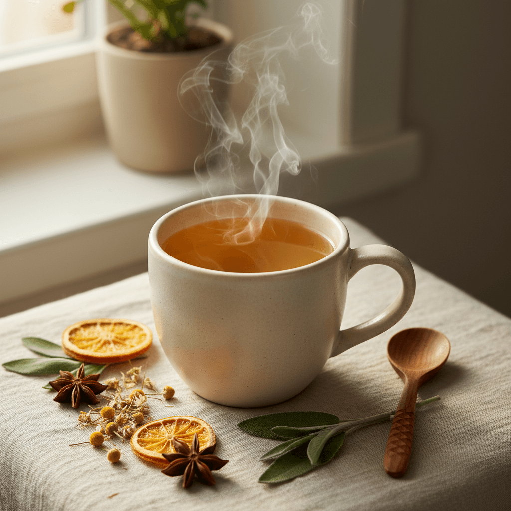 IAMTEA's purple tea blend with fresh ingredients arranged on a linen surface in natural morning light