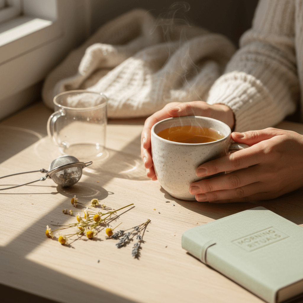 Steaming cup of brewed IAMTEA tea showing rich amber-purple color
