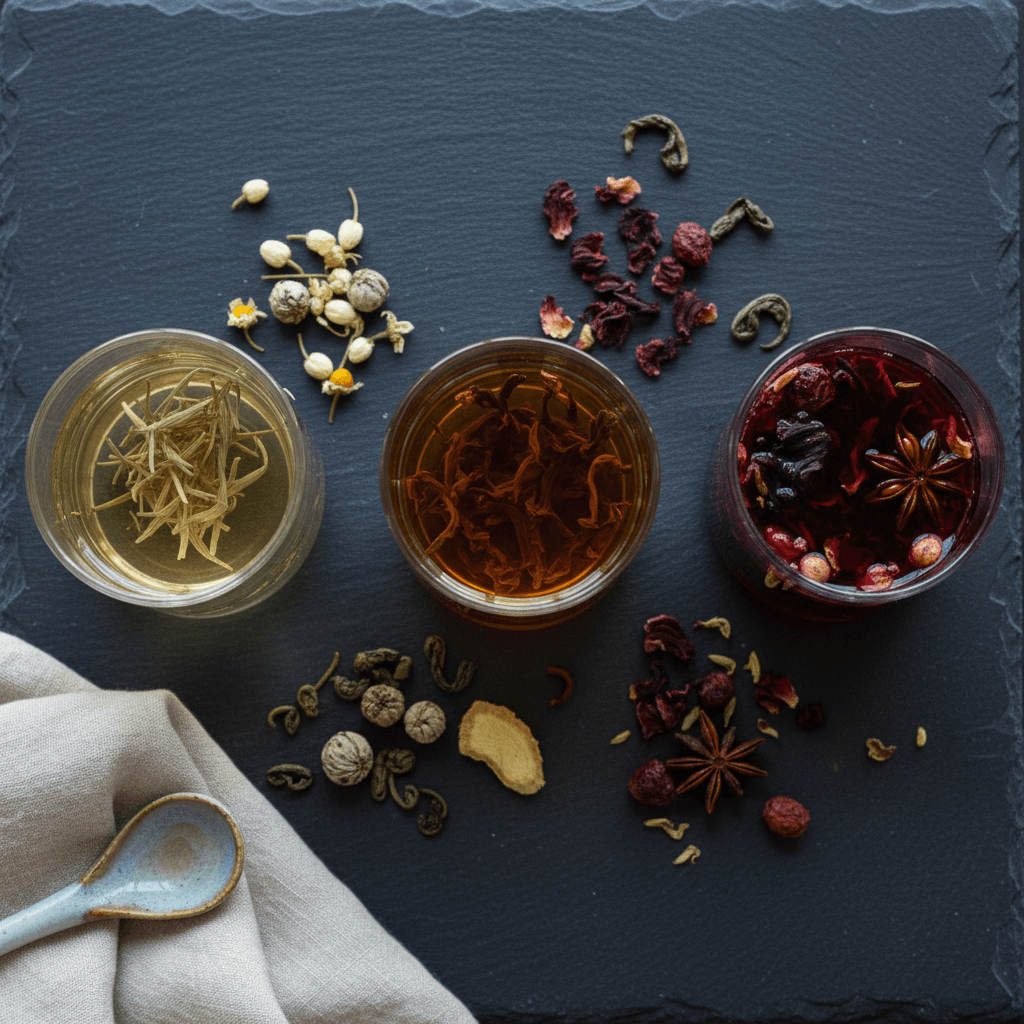 Three stages of IAMTEA tea steeping showing color progression from light to deep purple