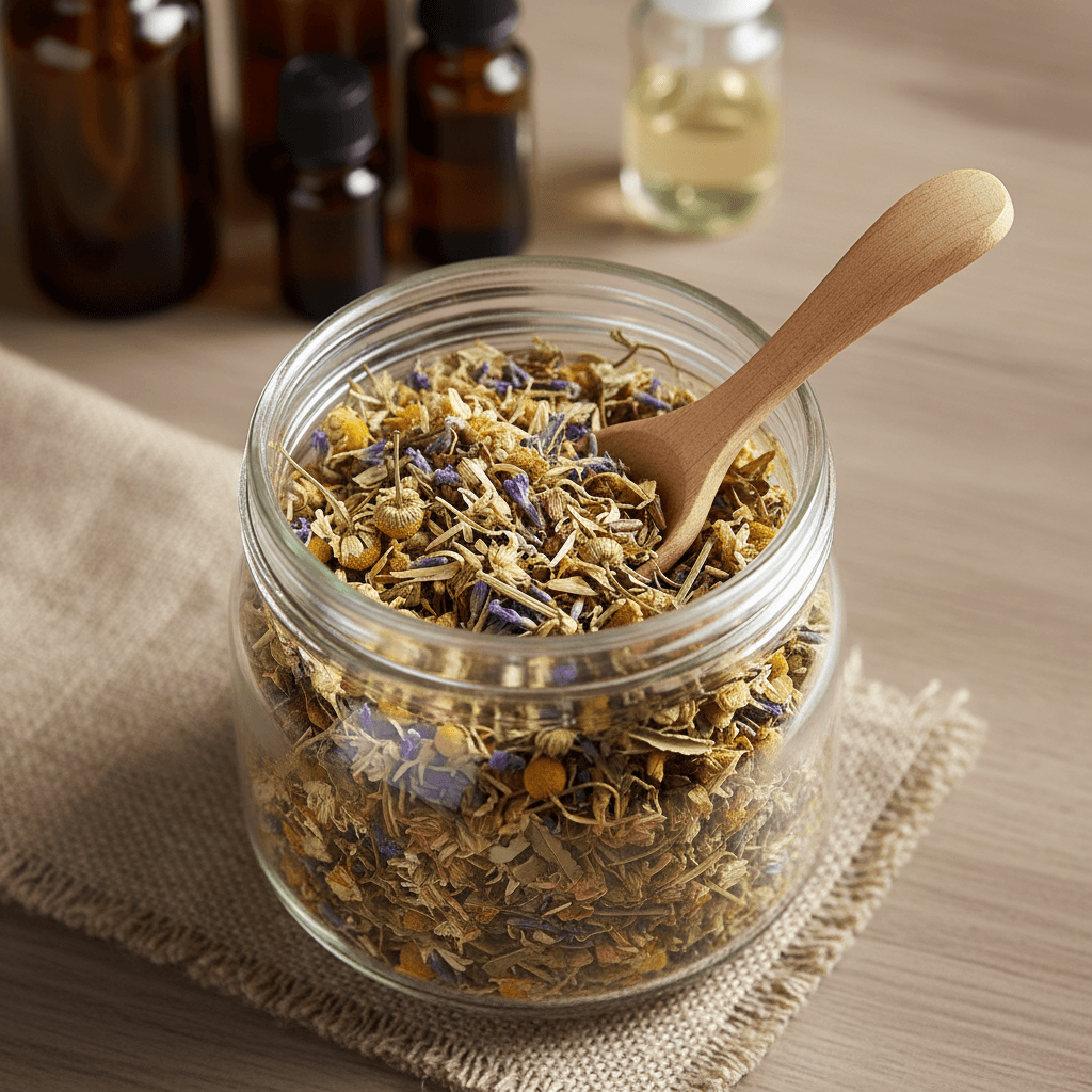 IAMTEA blend in glass storage jar with individual ingredient containers displayed on shelf