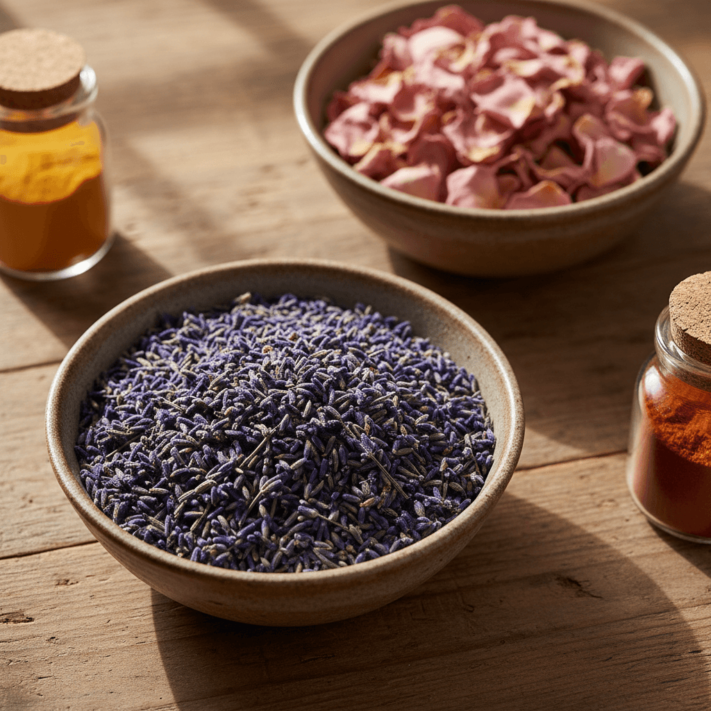 Arranged ingredients including ginger, licorice, peppermint, fennel, and rosemary on kraft paper